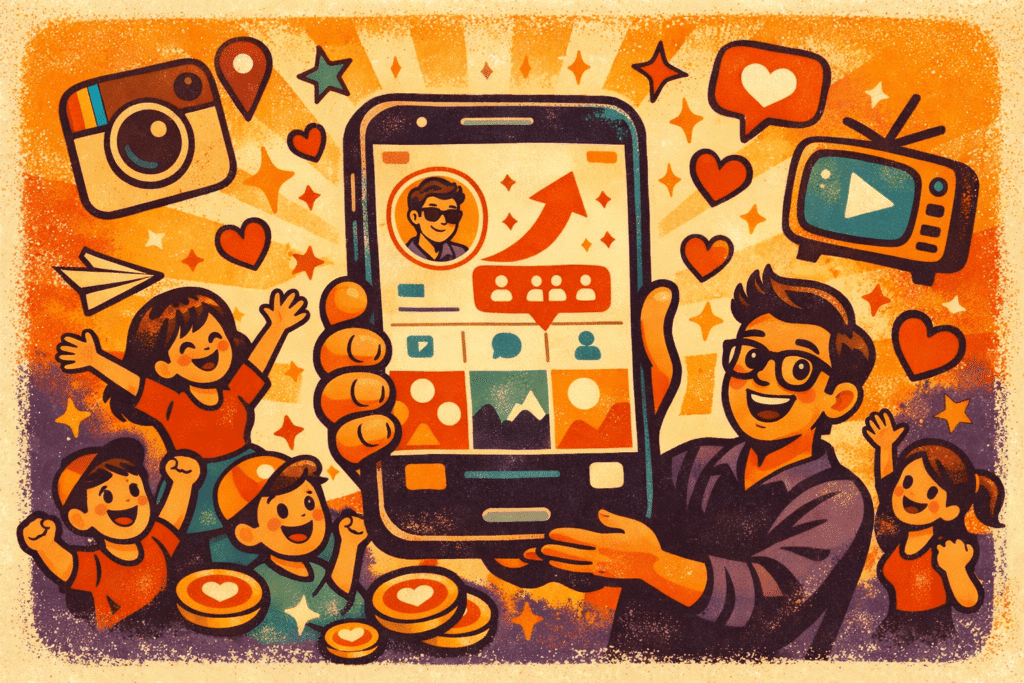 Ilustração vintage colorida de pessoa celebrando crescimento ao comprar seguidores no Instagram