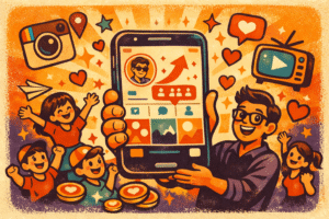 Ilustração vintage colorida de pessoa celebrando crescimento ao comprar seguidores no Instagram