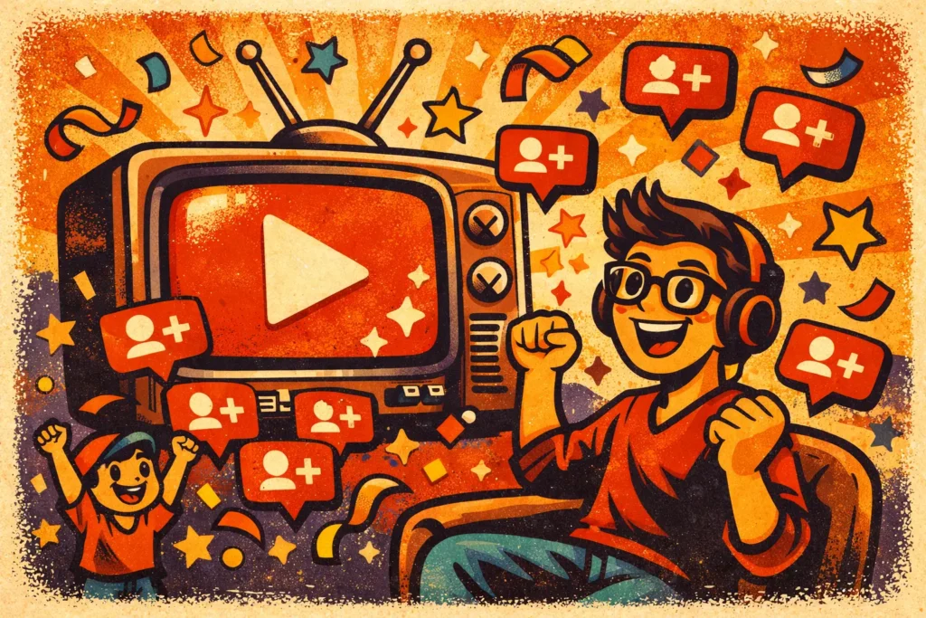 Ilustração vintage colorida de criador celebrando crescimento de inscritos no YouTube com segurança.