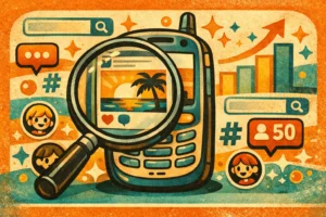 Ilustração vintage colorida representando SEO no Instagram com lupa e perfil em crescimento