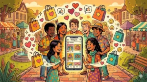 Ilustração vintage mostrando comunidade do Instagram com pessoas engajadas, compras e interação genuína em ambiente colorido.