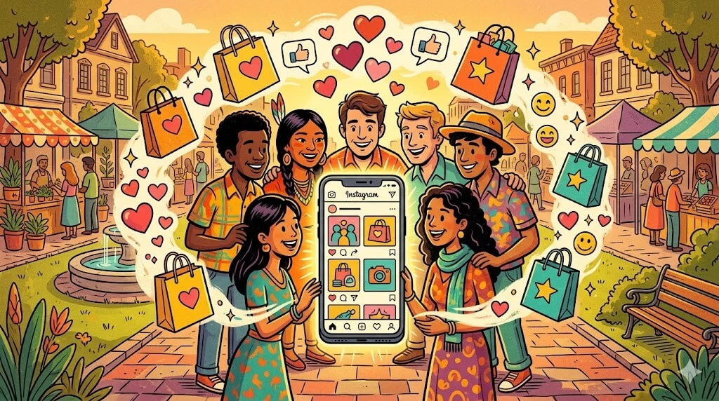 Ilustração vintage mostrando comunidade do Instagram com pessoas engajadas, compras e interação genuína em ambiente colorido.