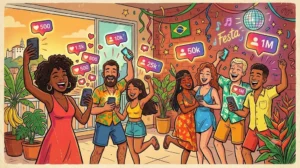 Ilustração vintage mostrando pessoas brasileiras celebrando crescimento de seguidores instagram reais com notificações positivas e números ascendentes.