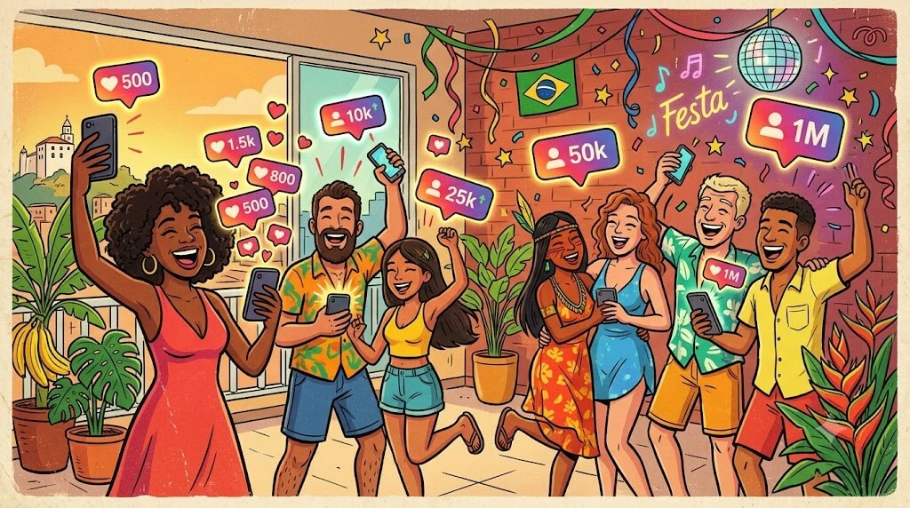 Ilustração vintage mostrando pessoas brasileiras celebrando crescimento de seguidores instagram reais com notificações positivas e números ascendentes.