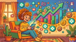 Ilustração vintage colorida mostrando crescimento de seguidores pagando PIX com gráfico ascendente em fundo vibrante.
