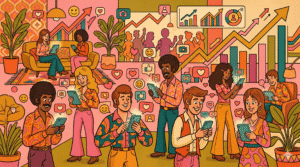 Ilustração vintage mostrando pessoas em redes sociais com crescimento de engajamento e seguidores reais no Instagram