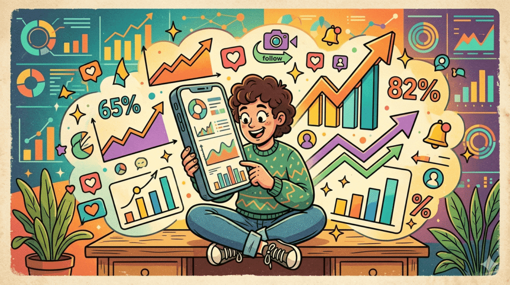 Ilustração vintage mostrando análise de métricas do Instagram com gráficos, engajamento e dados em ambiente colorido e dinâmico.