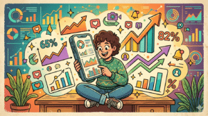 Ilustração vintage mostrando análise de métricas do Instagram com gráficos, engajamento e dados em ambiente colorido e dinâmico.
