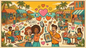 Ilustração vintage colorida mostrando clientes compartilhando conteúdo gerado por usuários e aumentando vendas no Instagram.