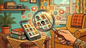 Ilustração vintage colorida destacando a importância e a verificação de seguidores reais e ativos no perfil do Instagram.