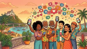 Ilustração vintage colorida representando conexão entre seguidores reais no Instagram