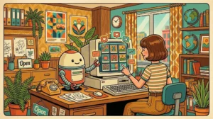 Ilustração vintage colorida sobre como usar IA para criar post instagram de forma rápida e segura.