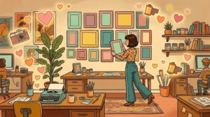 Ilustração vintage colorida mostrando um empreendedor aprendendo como criar um feed harmonioso no instagram com paleta de cores.