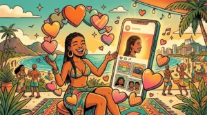 Ilustração vintage colorida de criador brasileiro comemorando curtidas no Instagram