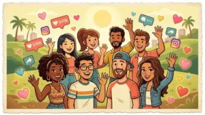 Ilustração vintage colorida de um grupo de pessoas reais e felizes, representando seguidores reais no Instagram que geram engajamento e autoridade digital.