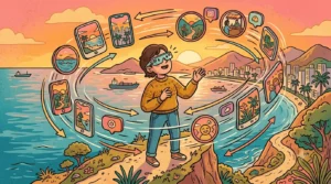 Ilustração vintage colorida sobre novos recursos do Instagram Stories com óculos inteligentes