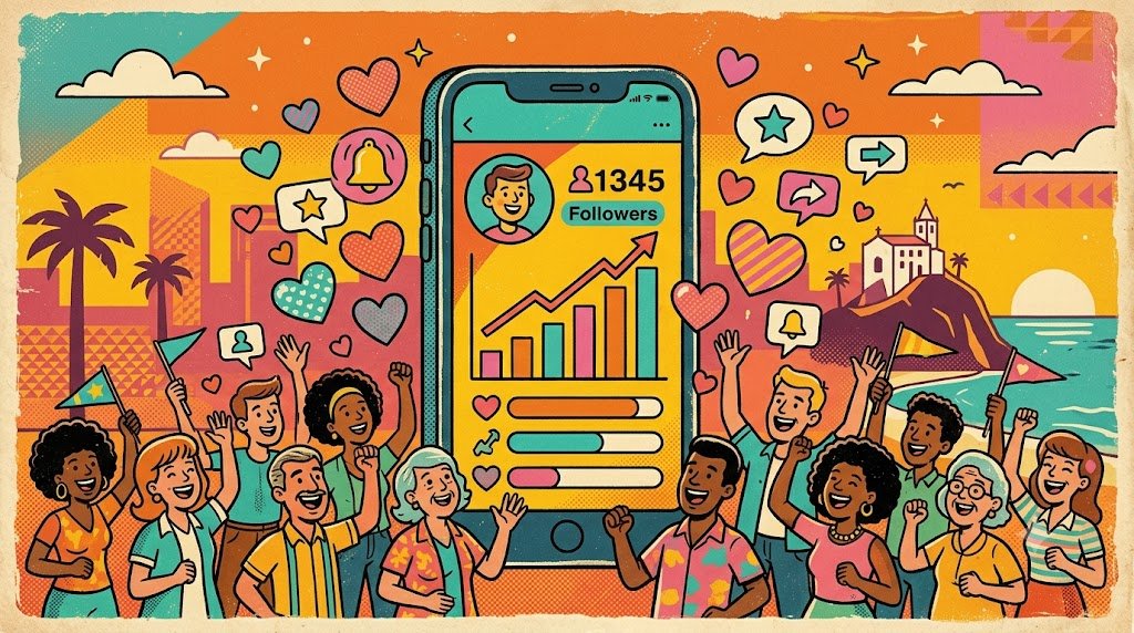 Ilustração vintage colorida sobre como comprar seguidores reais no Instagram