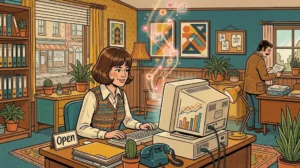 Ilustração vintage colorida mostrando um empreendedor descobrindo como analisar métricas do instagram para crescer sua pequena empresa.