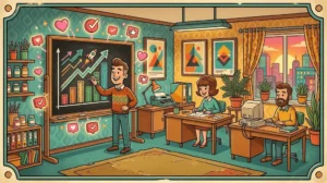 Ilustração vintage colorida mostrando um empreendedor planejando metas para instagram profissional de forma estratégica e visual.