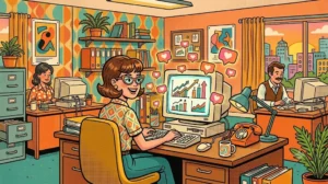 Ilustração vintage colorida mostrando o crescimento seguro de um perfil ao comprar seguidores reais no Instagram